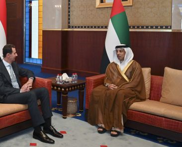 ABU DHABI, UNITED ARAB EMIRATES - March 18, 2022: HH Sheikh Mansour bin Zayed Al Nahyan, UAE Deputy Prime Minister and Minister of Presidential Affairs (R) receives HE Bashar Al Assad, President of Syria (L). ( Hassan Al Menhali for the Ministry of Presidential Affairs )
---