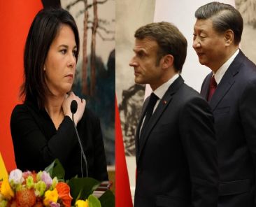 Chinas President Xi Jinping (R) and his French counterpart Emmanuel Macron arrive at a joint press conference in Beijing on April 6, 2023. (Photo by LUDOVIC MARIN / AFP)