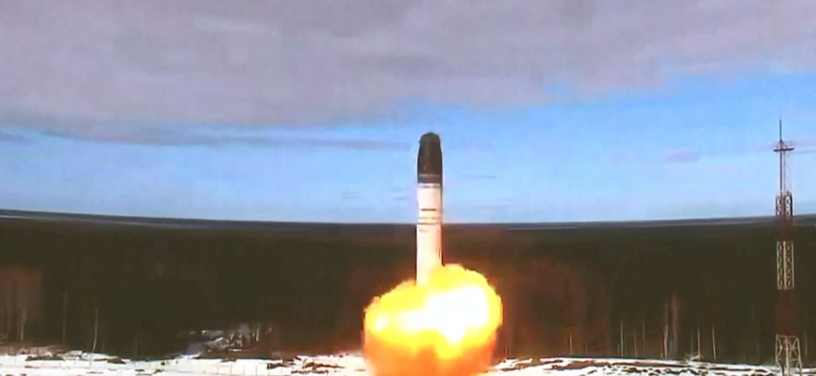 The Sarmat intercontinental ballistic missile is launched during a test at Plesetsk cosmodrome
