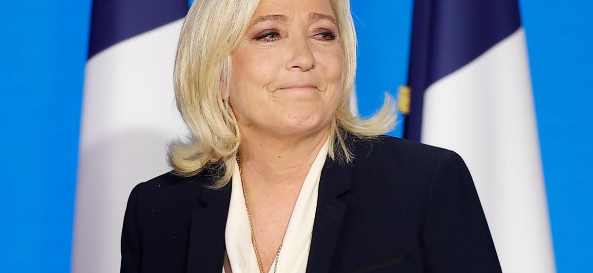 Paris, France. 24th Apr, 2022. Marine Le Pen, candidate of the far-right National Rally party, attends a rally after the presidential runoff in Paris, France, on April 24, 2022. French incumbent President Emmanuel Macron won the 2022 French presidential r