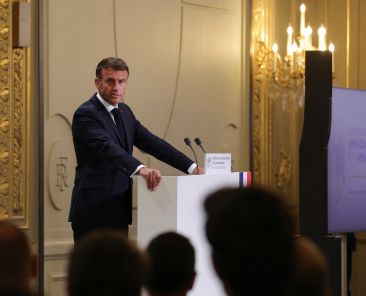 French President Emmanuel Macron gives a speech in front of French ambassadors during the conference of ambassadors at the Elysee Palace, Paris, France, August 28, 2023. TERESA SUAREZ/Pool via REUTERS