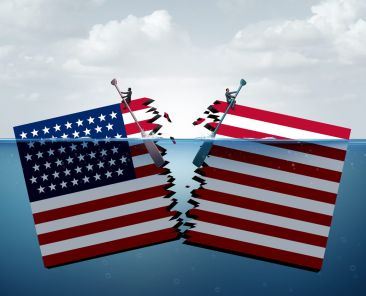 Divided United States and partisan politics as Republicans and Democrats split and widen the political gap with 3D illustration elements.