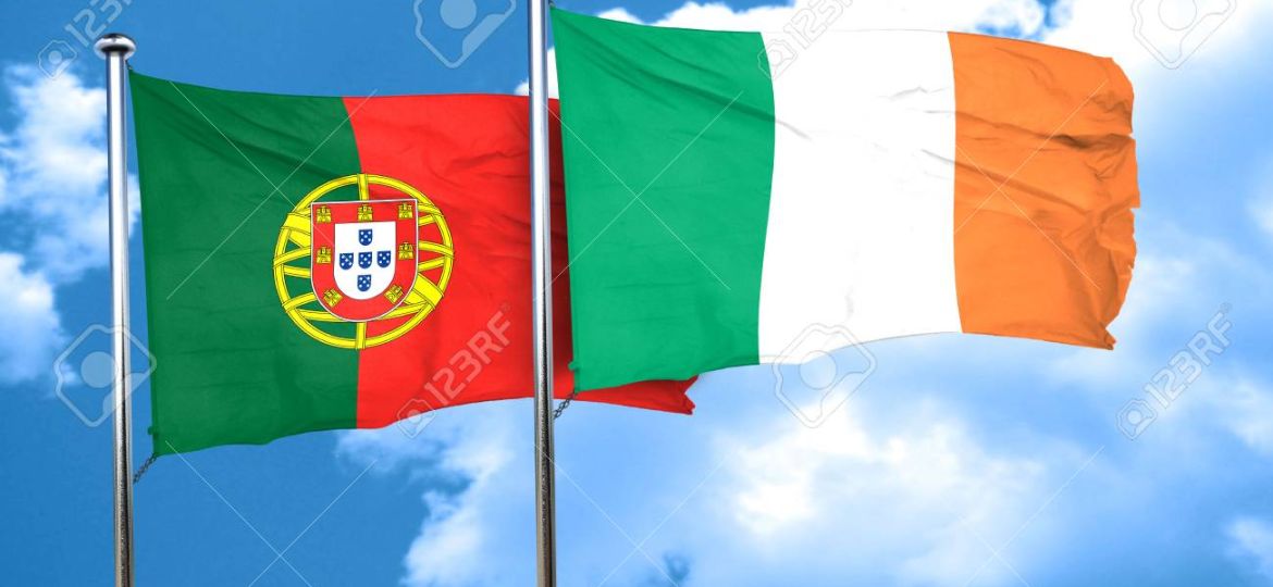 Portugal flag with Ireland flag, 3D rendering