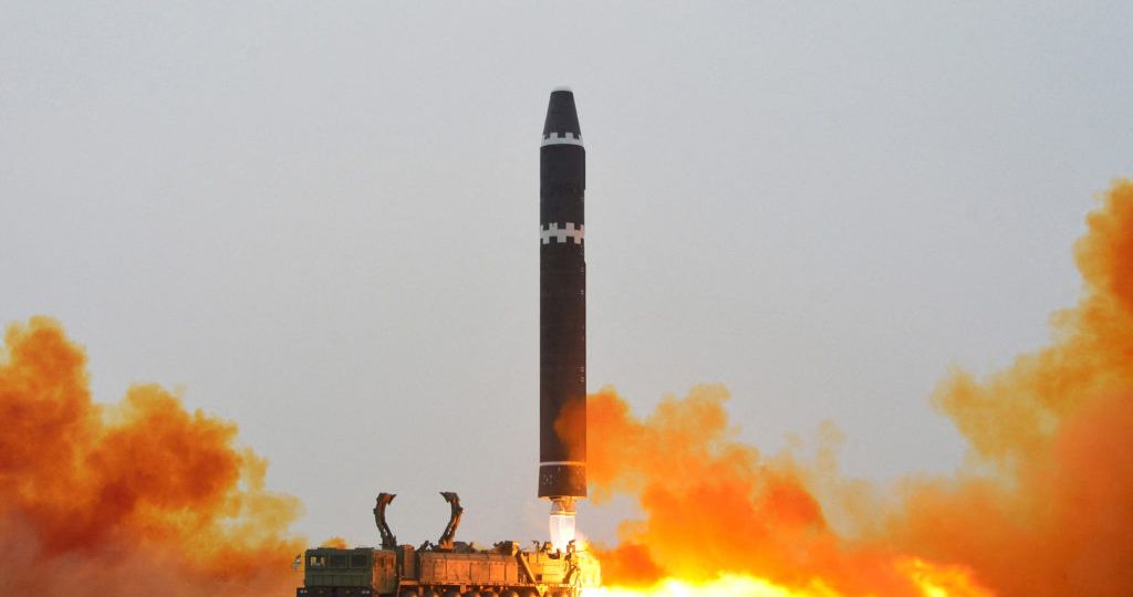 A Hwasong-15 intercontinental ballistic missile (ICBM) is launched at Pyongyang International Airport