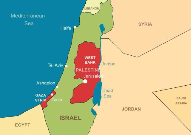 Israel and Palestine in Middle East on contour map. Gaza and West Bank